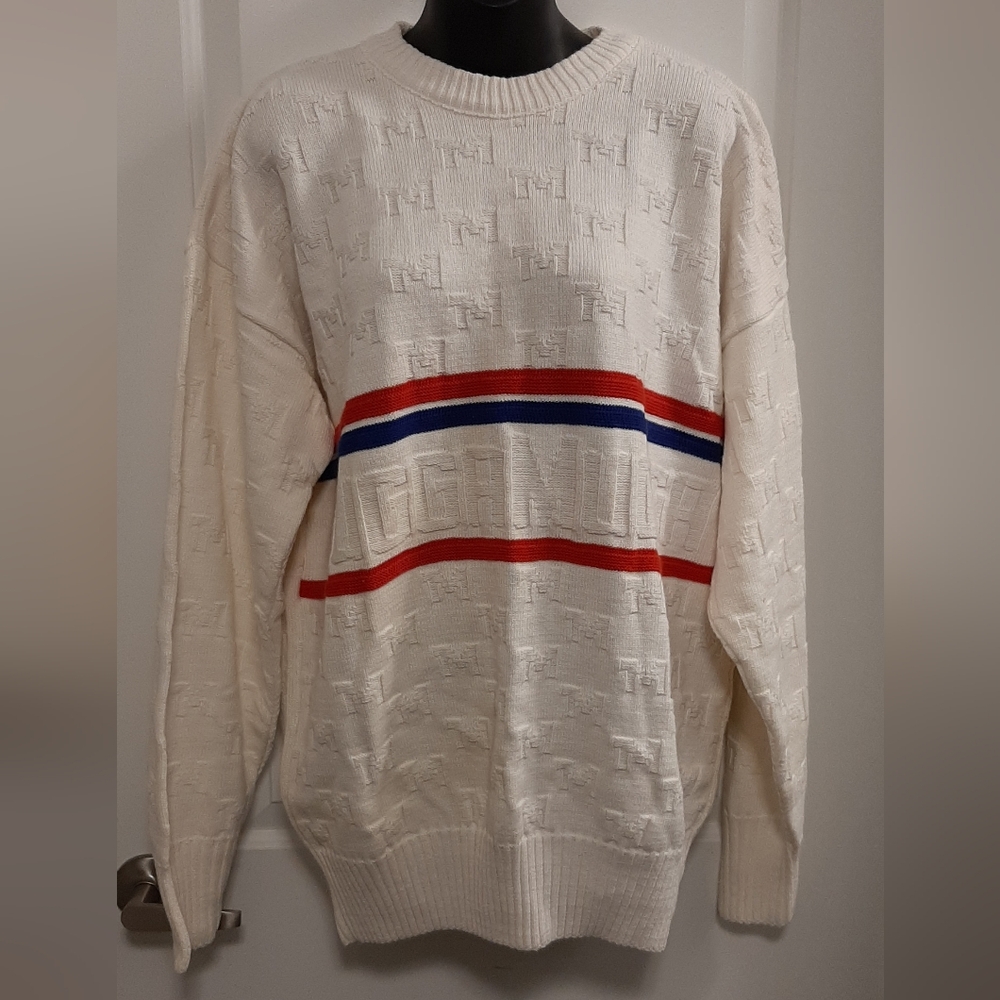 Vintage JESS XL Hugga Mugga White Striped Men's Sweater